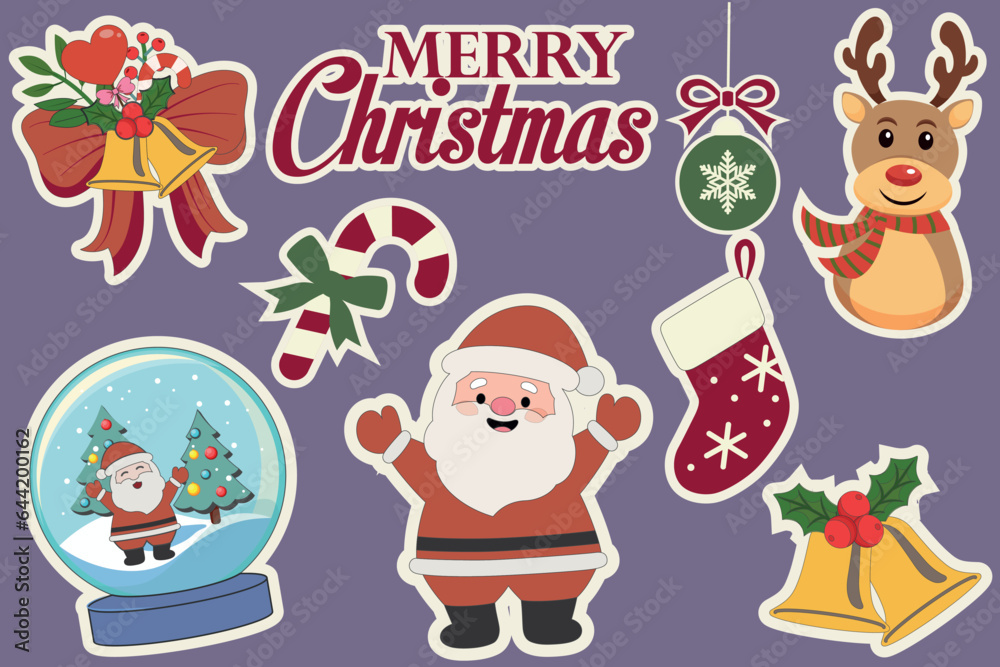 Vintage 80s-90s set of Christmas icons stickers. Celebration event for Merry Christmas and New Year. Vector clipart illustration on color background
