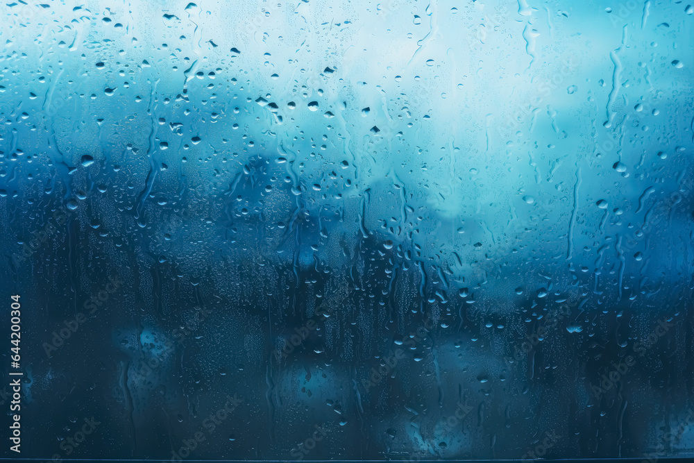 Close up image of an icy blue wet glass window, water drops, the rain on the window glass. - obrazy, fototapety, plakaty 