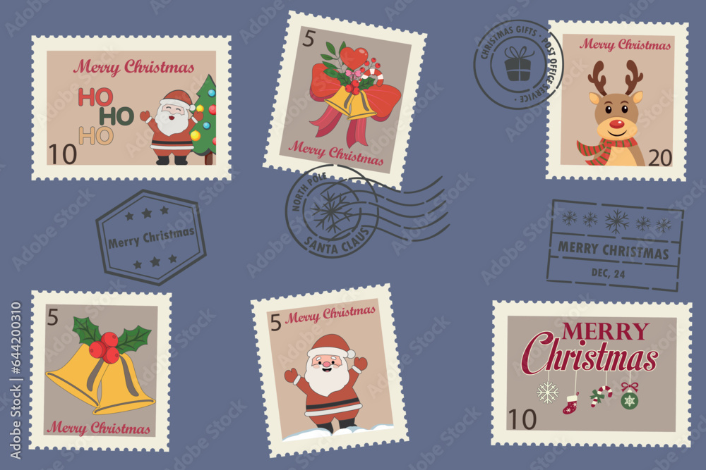 Christmas Postage stamps set with retro cartoon characters and elements. Merry Christmas and Happy New year in trendy groovy hippie style.