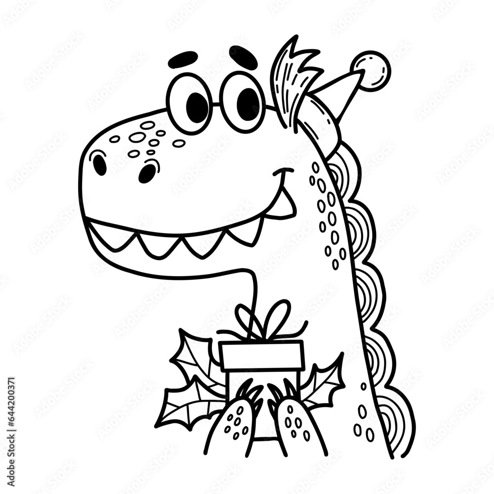 Cute winter dragon santa with Christmas gift with holly. Vector illustration. outline hand drawing. Xmas design, holiday card, decor, coloring. 2024 year dragon according to eastern calendar. Cute winter dragon santa with Christmas gift with holly. Vector illustration. outline hand drawing. Xmas design, holiday card, decor, coloring. 2024 year dragon according to eastern calendar.