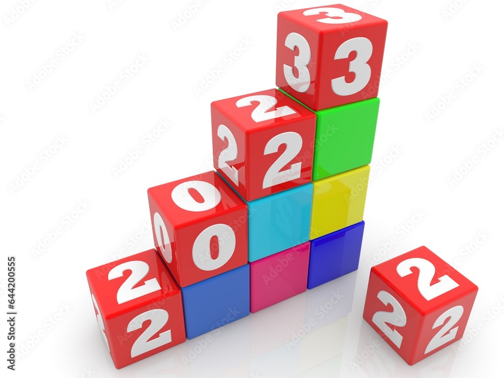 Concept of the year 2023 in the form of steps on red toy blocks Concept of the year 2023 in the form of steps on red toy blocks