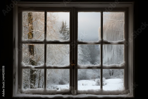 Endless winter countryside view through a window  snowy  magical  festive. Generative AI