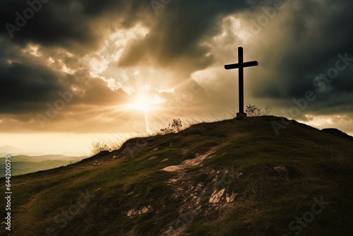 Dramatic sky and sunlight shining on a cross atop a hill, symbolizing religion. Generative AI