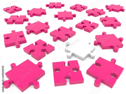 White puzzle piece among scattered pink puzzle pieces on white