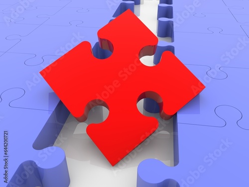 A close-up of a red puzzle piece between blue puzzle pieces as a connecting piece