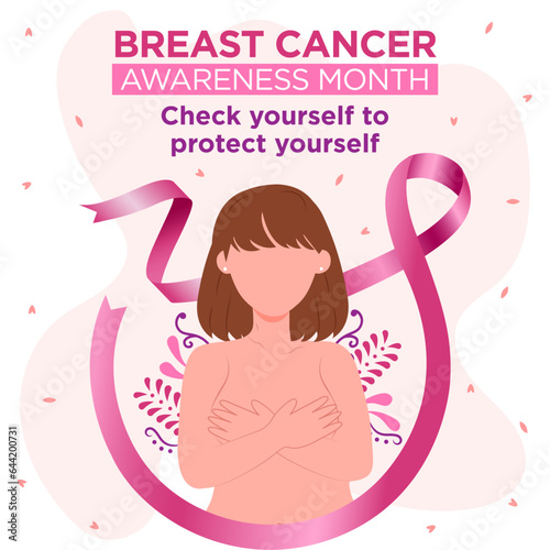 Banner del Día Internacional de lucha contra el Cáncer de mama, con listón rosa y ilustración de mujer con pechos con decoraciones florales