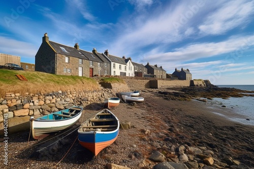 Fishing village craster in Northumberland, UK. Rocky bay with boats and cottages. Generative AI photo