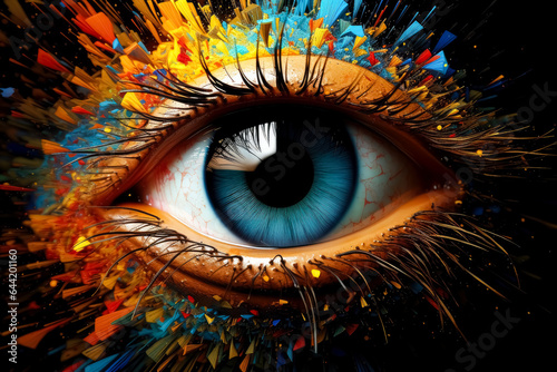 Colorful eye surrounded by colorful spaces clouds and smoke  colorful explosions  abstract image of an eye  in the style of colorful explosions.