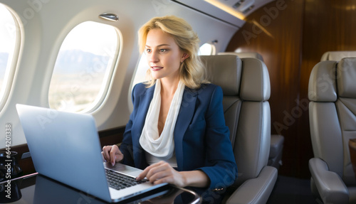 A high-achieving female executive taps into her laptop while aboard a luxurious private jet, symbolizing the pinnacle of corporate success and elite lifestyle. © InputUX