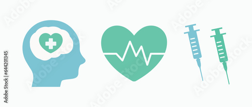 Mindfulness, wellness, mind, mental health. Brain, heart. Cardiogram, healthy. Syringe, nurse. Medicine, science. Psychology, medical. Vector, icon, illustration
