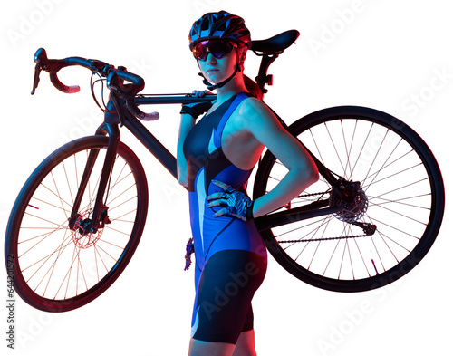Young female cyclist in uniform holding bicycle on shoulders, standing isolated on transparent background. Neon lights effect. Concept of healthy lifestyle, sport, action, motion, hobby, health