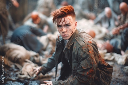 shot of a young man battling with a violent horde of zombies in the post apocalyptic future photo