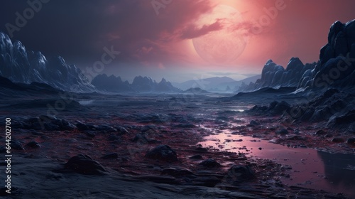 An otherworldly landscape with a flowing stream of water