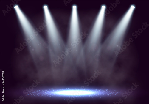 Spotlights. Scene for presentation illuminated by spotlights with smoke. Vector illustration.
