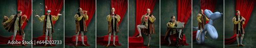 Foto Portrait of young man, royal person, prince vintage clothes standing on dark green background