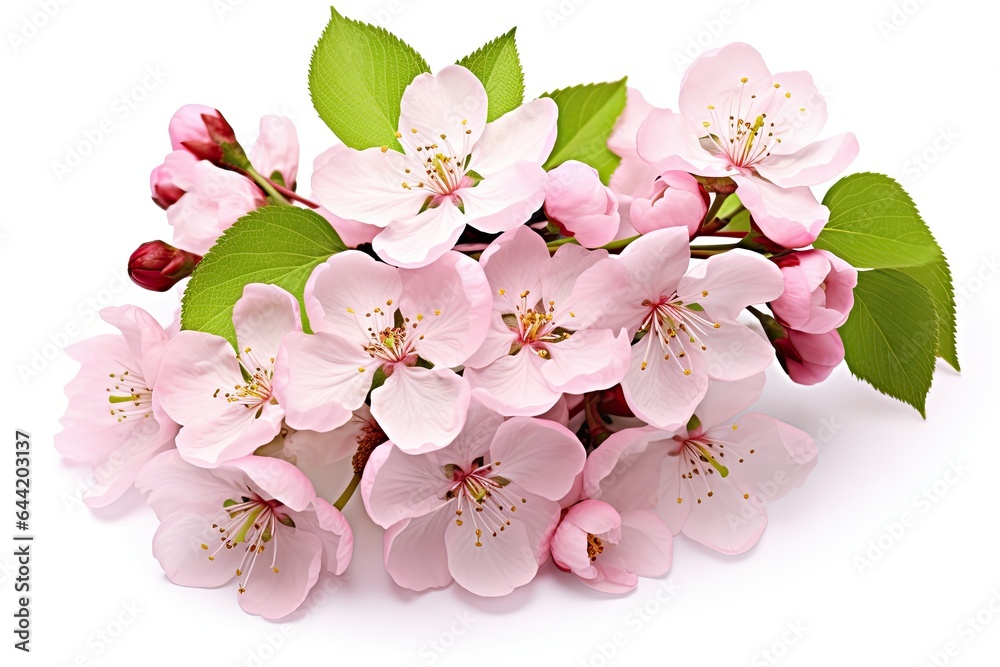 Naklejka premium Bouquet of cherry blossoms isolated on a white background. cherry blossom with green leaves isolated on white background, AI Generated