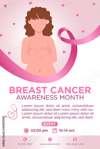 Cartel del Día Internacional de lucha contra el Cáncer de mama, con listón rosa e ilustración de mujer con pechos