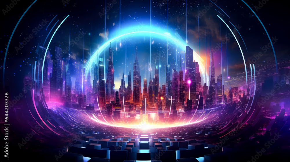 Circular glowing particles object in the dark with purple colored light, in the style of futuristic fragmentation, vibrant skylines, colorful purple explosions.
Circular glowing particles object in the dark with purple colored light, in the style of futuristic fragmentation, vibrant skylines, colorful purple explosions.