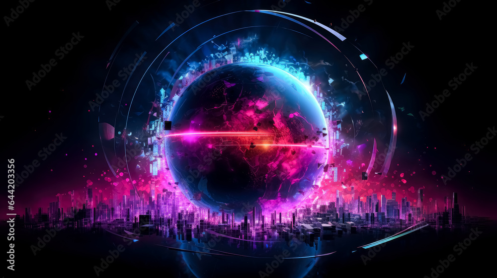 Obraz premium Circular glowing particles object in the dark with purple colored light, in the style of futuristic fragmentation, vibrant skylines, colorful purple explosions. 