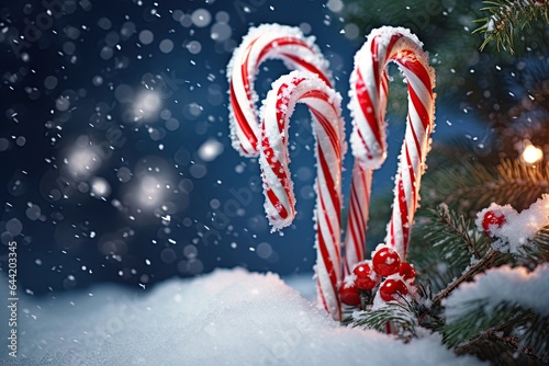 Candy cane, Christmas treat in the snow. Generative Ai photo
