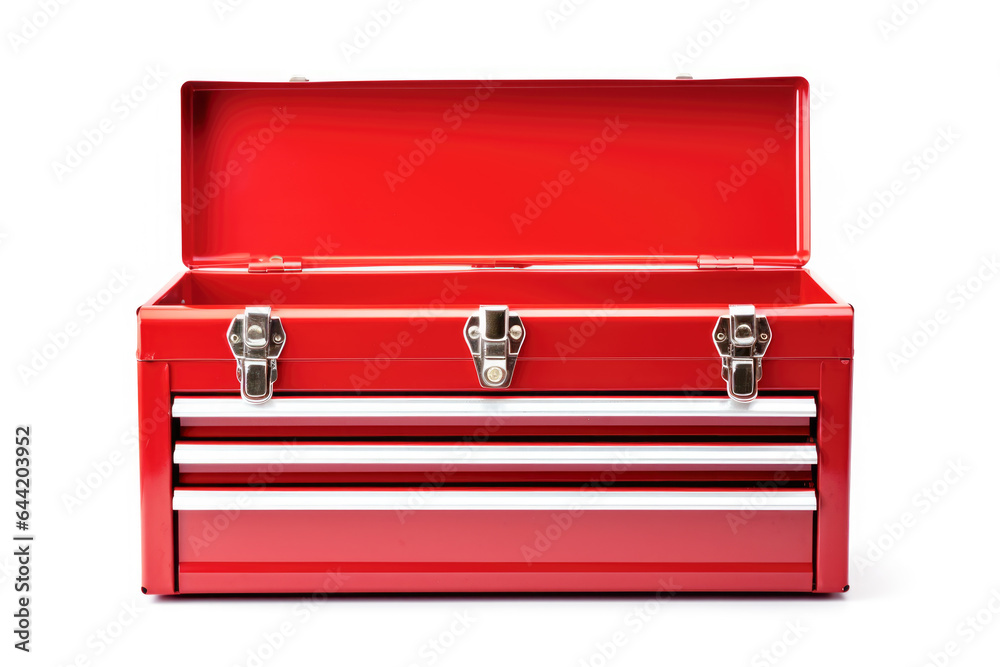 Sturdy Toolbox: A robust red metal toolbox, its steel construction and chrome handle ready to tackle various repair tasks.