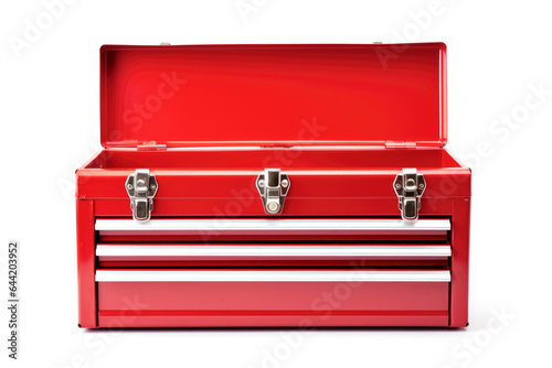 Obraz na płótnie Sturdy Toolbox: A robust red metal toolbox, its steel construction and chrome handle ready to tackle various repair tasks. w salonie
