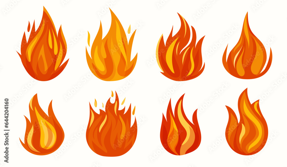 Warm orange fire flames with hot sparks set. Bonfire collection cartoon style. Flaming blaze icon. Vector illustration isolated white background Warm orange fire flames with hot sparks set. Bonfire collection cartoon style. Flaming blaze icon. Vector illustration isolated white background