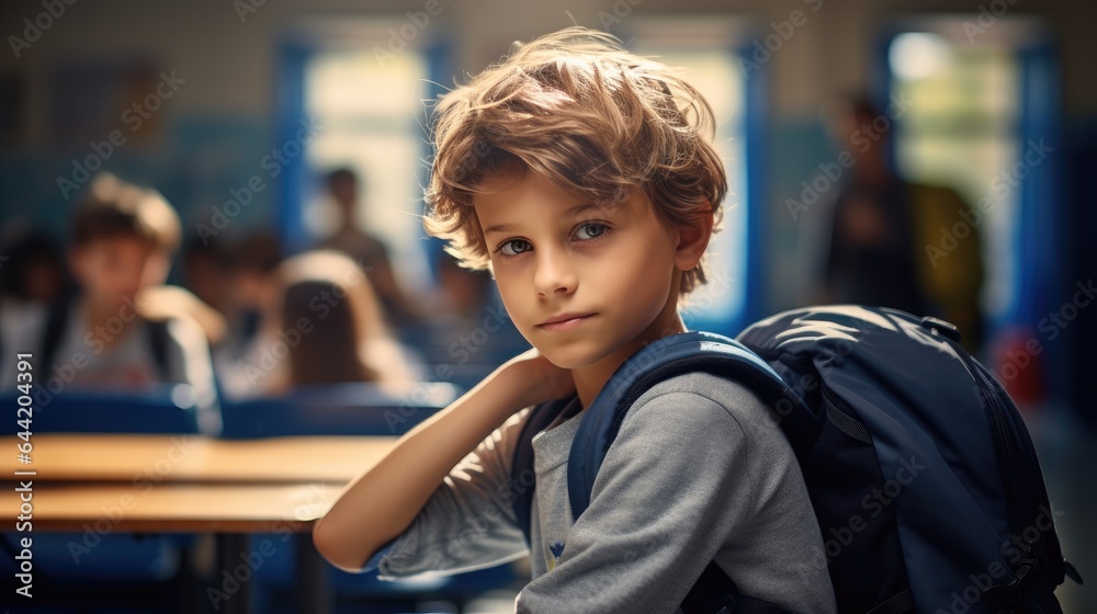Child boy at school is sitting in classroom sunny morning. Generative AI