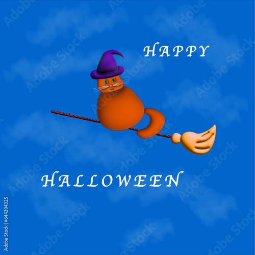 Happy Halloween. Cat on a broomstick. The cat in the witch's hat