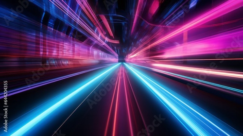 A mesmerizing tunnel illuminated by vibrant neon lights captured in a long exposure photograph