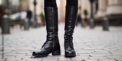 Female legs in black boots, in the street style, creative concept for the new fall collection of stylish women's shoes. © SnowElf