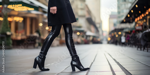 Female legs in black boots, in the street style, creative concept for the new fall collection of stylish women's shoes.