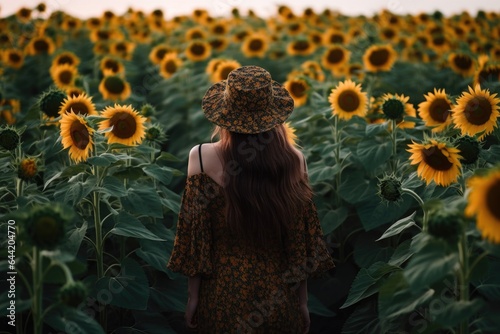 cropped shot of an unrecognisable woman standing alone in a sunflower field photo