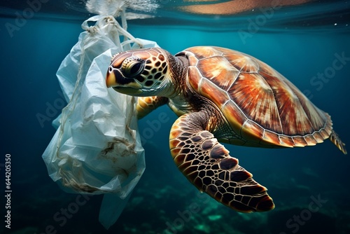 Sea turtle tangled in plastic waste: pollution, underwater, ocean, bag, bottle, environment, garbage, ecology, marine, contamination, wildlife. Generative AI © Amaia
