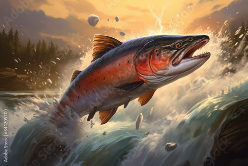 Close-up of a salmon or trout jumping out of the water on a stormy river background.