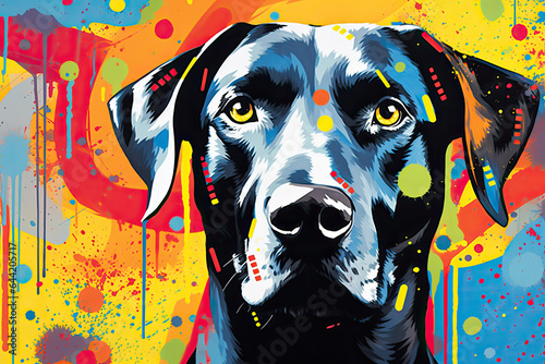 Bright multi-colored psychedelic portrait of a dog with spots and streaks of paint.