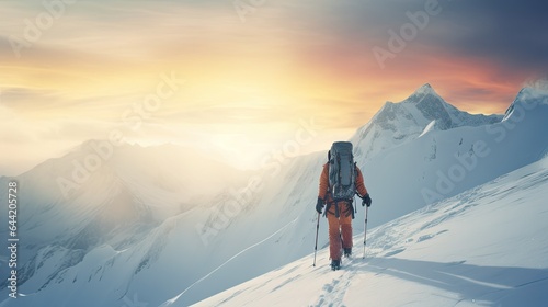 A person in climbing equipment with a tourist backpack on snowy mountain peaks.