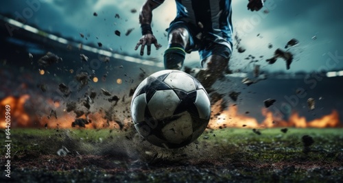 Soccer player kicks the ball on the football field during the match. Football Concept With a Copy Space. Soccer Concept With a Space For a Text. © John Martin