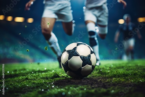 Soccer players in action on the field at night. Soccer ball. Football Concept With a Copy Space. Soccer Concept With a Space For a Text. © John Martin