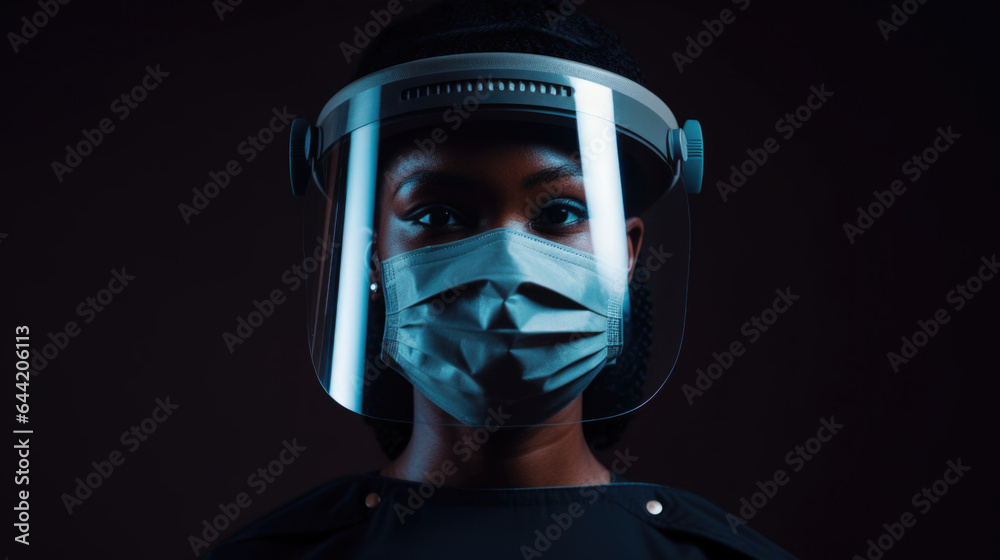African American Woman Doctor Nurse with Mask and Protective Face Shield Pandemic Covid - Generative AI