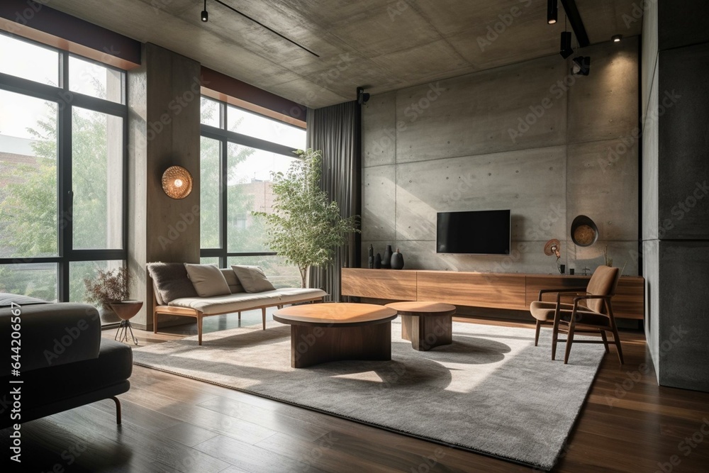 Sophisticated fusion of concrete and wooden elements indoors, featuring a large window. Generative AI