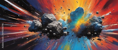 Abstract asteroid collision with each other in space, color explosion and fire with dust