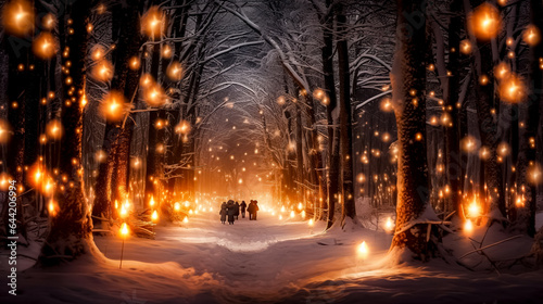 A group of people walk along an alley in a mysterious winter forest with magic lights