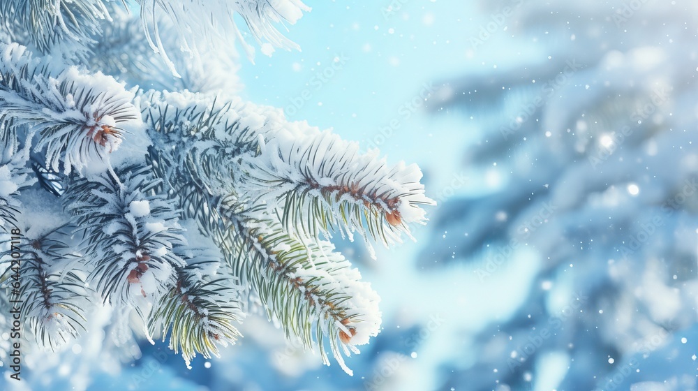 Snow-covered pine branches in the sun against a wintery bright background. a bright, natural background. Snow-covered pine branches in the sun against a wintery bright background. a bright, natural background.