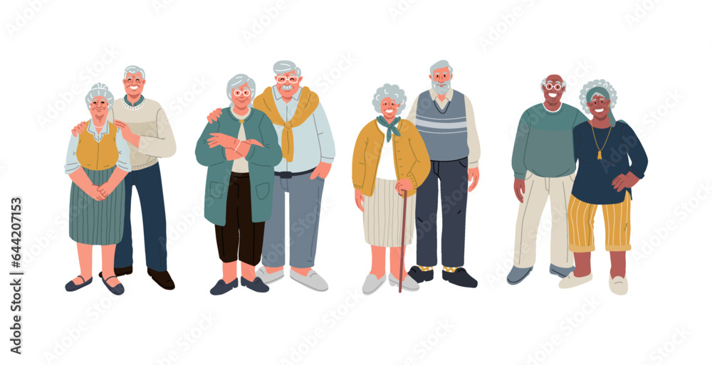 Set of senior couple character in flat design.Vector person on white background