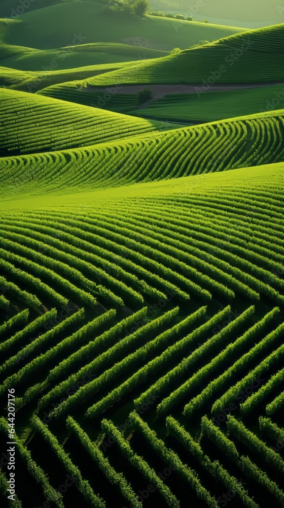 A serene green field with perfectly aligned rows of tall trees A serene green field with perfectly aligned rows of tall trees
