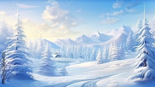 a background of bright winter. Christmas scene with snowdrifts and frosted pine branches.