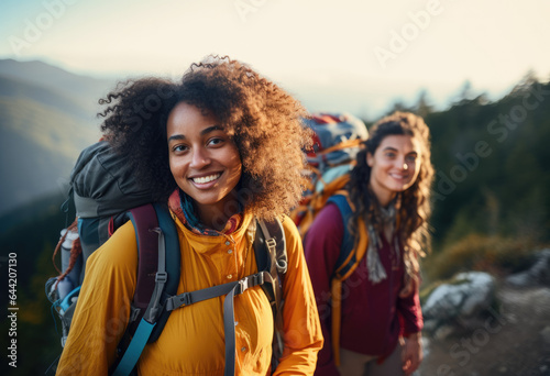 Diverse group of teenagers outdoors in nature, young friends exploring , active lifestyle, smiling, happy