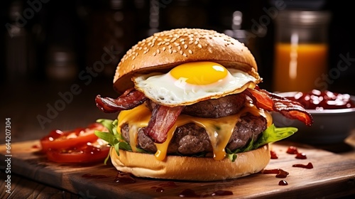 Burger with beef, eggs, and bacon served in a restaurant. American cuisine. Gourmet Food on a Wooden Table.