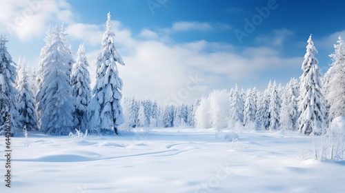 Snow-covered pine trees are part of a bright winter landscape.